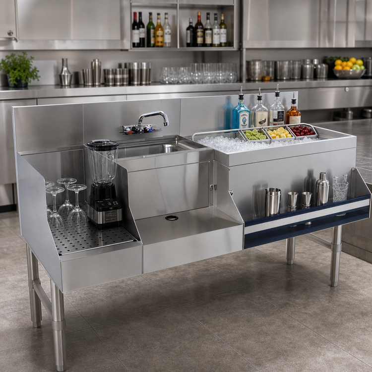 Product image #2 for Advance Tabco Prestige Uni-Serv 60-Inch Stainless Steel Speed Bar with Right Ice Bin, Sink, Blender Station, and Speed Rail