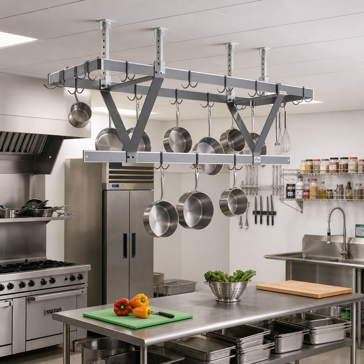 Product image #2 for Eagle Group Ceiling-Mounted Triple-Bar Aluminum Pot Rack, 52 x 20 x 18 Inches