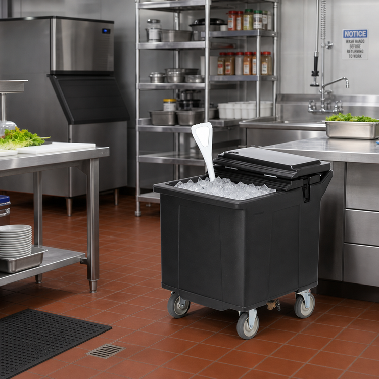 Product image #3 for Cateraide™ 125 lb Insulated Mobile Ice Caddy with Front Drain Faucet, Shelf, and 4 Swivel Casters