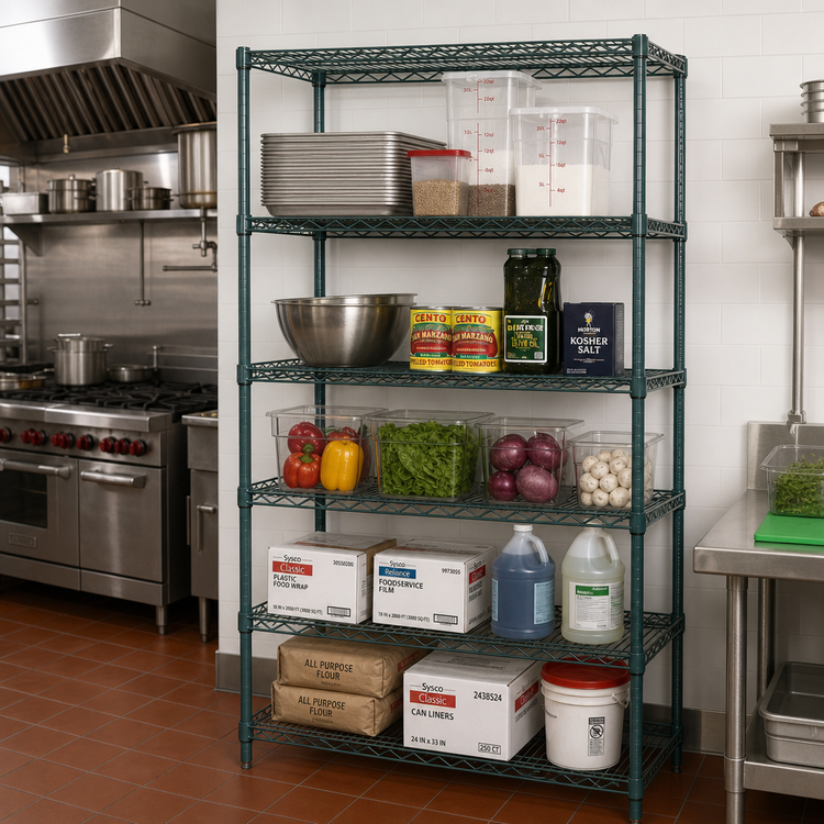 Product image #2 for Quantum Stationary Wire Shelving Starter Kit, 36"W x 24"D x 74"H, 5 Shelves, Green Epoxy