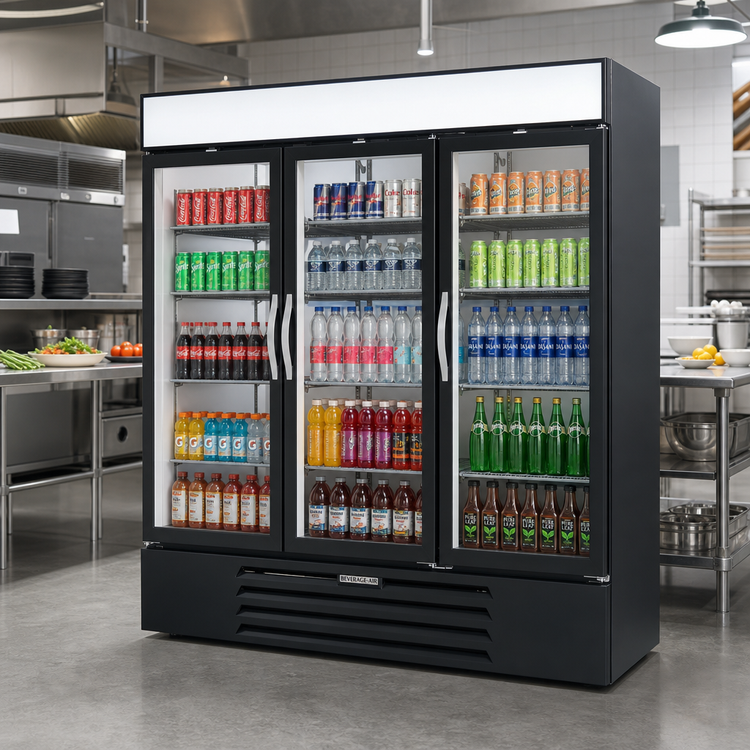 Product image #3 for Beverage-Air MarketMax 3-Section Reach-In Glass Door Refrigerated Merchandiser, 70.19 Cu. Ft., Black, Bottom-Mounted
