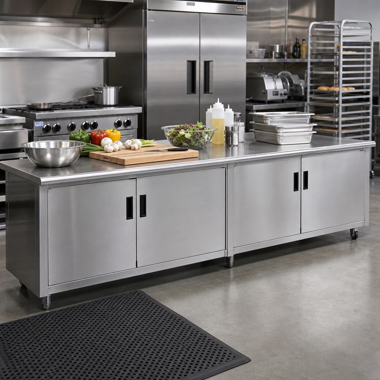 Product image #2 for Advance Tabco Special Value Economy Enclosed Work Table with Cabinet Base, Mid-Shelf and Hinged Doors, 108 x 30 Inches, 16 Gauge 304 Stainless Steel Top