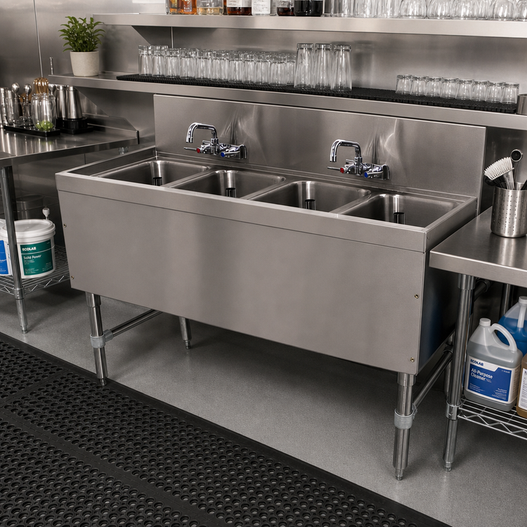 Product image #2 for Advance Tabco Prestige Supreme 4-Compartment Stainless Steel Underbar Sink Unit with 2 Splash-Mount Faucets, 48W x 20D x 36H, No Drainboards