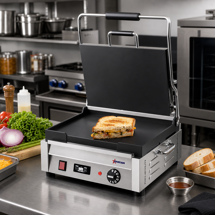 Product image #2 for Omcan Single Countertop Electric Panini Press with 12 x 15-Inch Smooth Cast Iron Plates