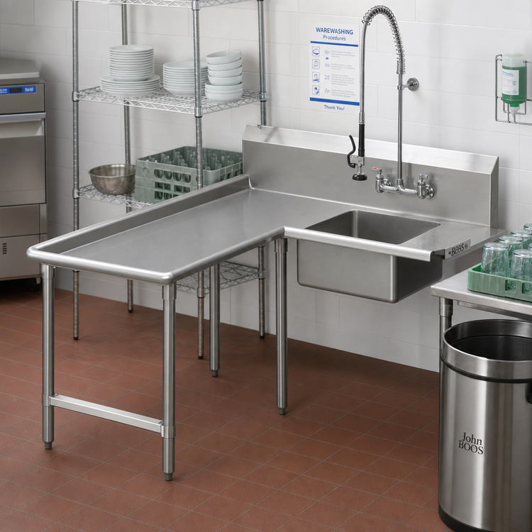 Product image #2 for John Boos Pro-Bowl L-Shaped Island Soiled Dishtable with 20 x 20 x 8 Inch Pre-Rinse Sink Bowl, Left-to-Right Operation