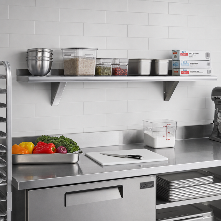 Product image #2 for Advance Tabco 96" x 10" Wall-Mounted Stainless Steel Shelf, 18 Gauge, Satin Finish