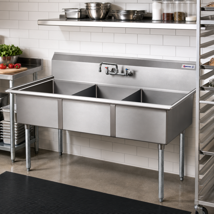 Product image #2 for Omcan USA Commercial 3-Compartment Pot Sink with 24 x 24 x 14 Inch Bowls, 304 Stainless Steel, and Galvanized Legs