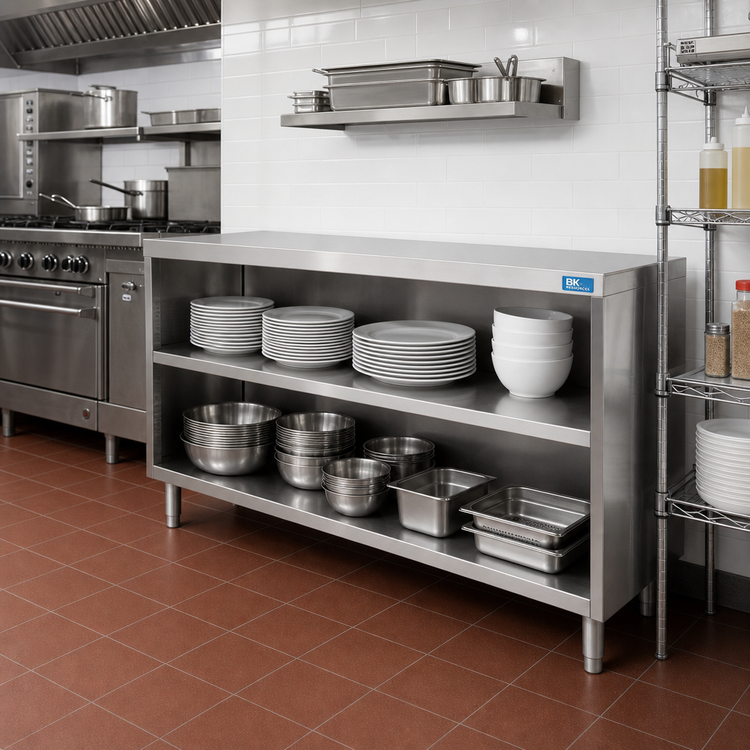 Product image #2 for BK Resources 48-Inch Wide Open Front Stainless Steel Dish Cabinet with Fixed Shelf