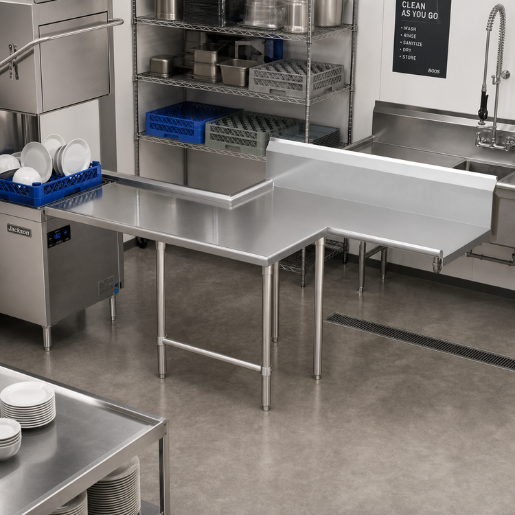 Product image #2 for John Boos Pro-Bowl L-Shaped Island Clean Dishtable, 14-Gauge 300-Series Stainless Steel, 60-Inch Machine-to-Corner x 144-Inch Corner-to-End, Right-to-Left Operation