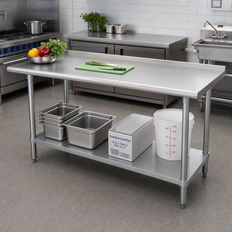 Product image #2 for Advance Tabco 108-Inch x 24-Inch Stainless Steel Work Table with 1-1/2-Inch Rear Splash and Galvanized Undershelf