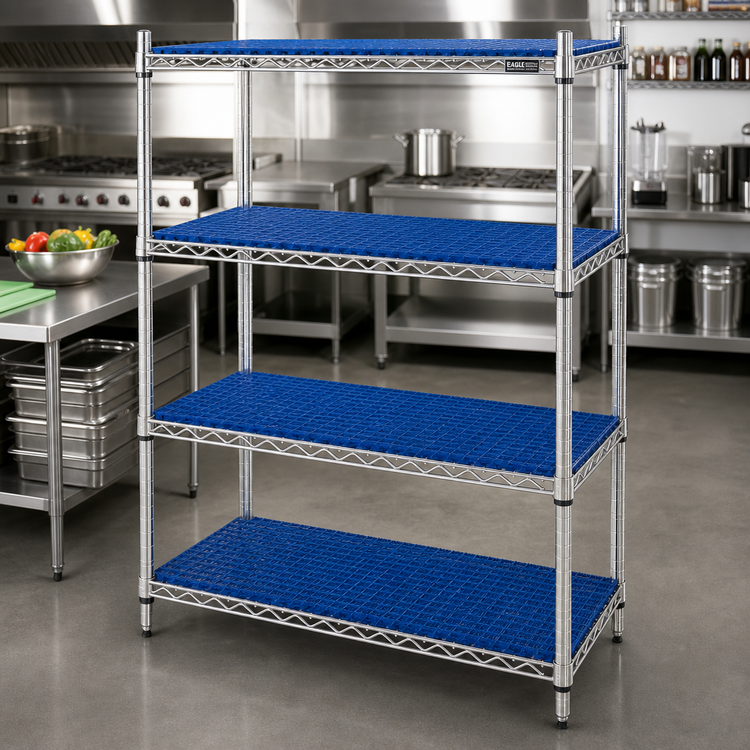 Product image #2 for Eagle Group QuadPlus Solid Blue Polymer Shelf Mat with Quad-Adjust Chrome Frame, 48 x 18 Inches