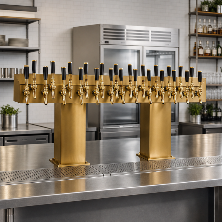 Product image #2 for Perlick Back-to-Back Bridge Tee Countertop Glycol-Cooled Draft Beer Tower, Extra High, Brass Finish, 20 Faucets