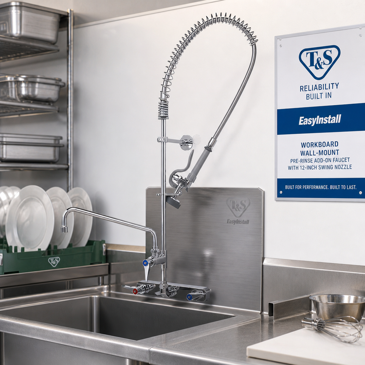 Product image #2 for T&S Brass EasyInstall Workboard Wall-Mount Pre-Rinse Add-On Faucet with 12-Inch Swing Nozzle