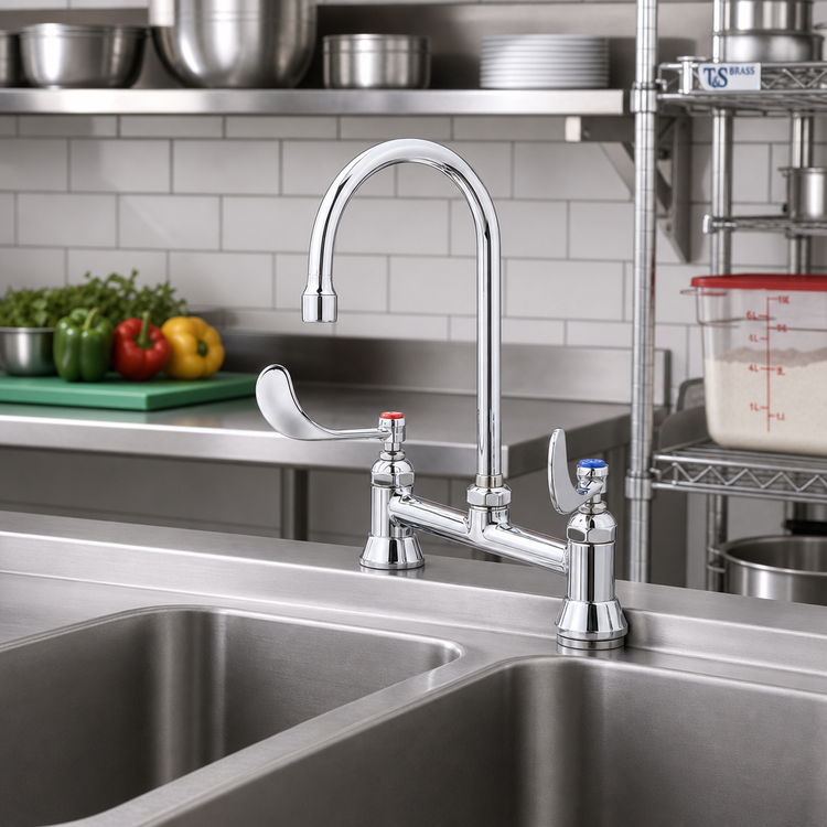 Product image #2 for T&S Brass B-0327 8-Inch Centers Deck-Mount Mixing Faucet with 5 3/4-Inch Swivel Gooseneck and Wrist Action Handles