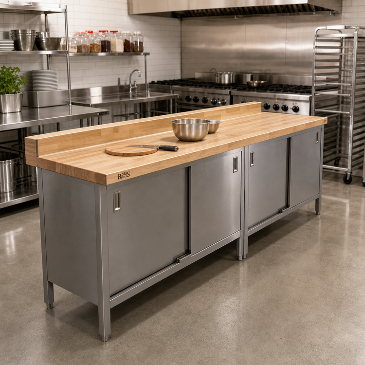 Product image #2 for John Boos Enclosed Base Wood Top Work Table with Sliding Doors and 4" Coved Riser, 108 x 24 Inches, 1-3/4" Maple Top