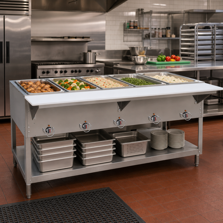 Product image #2 for BK Resources 71-Inch 5-Well Open-Well Natural Gas Hot Food Table with Cutting Board Shelf and Adjustable Undershelf