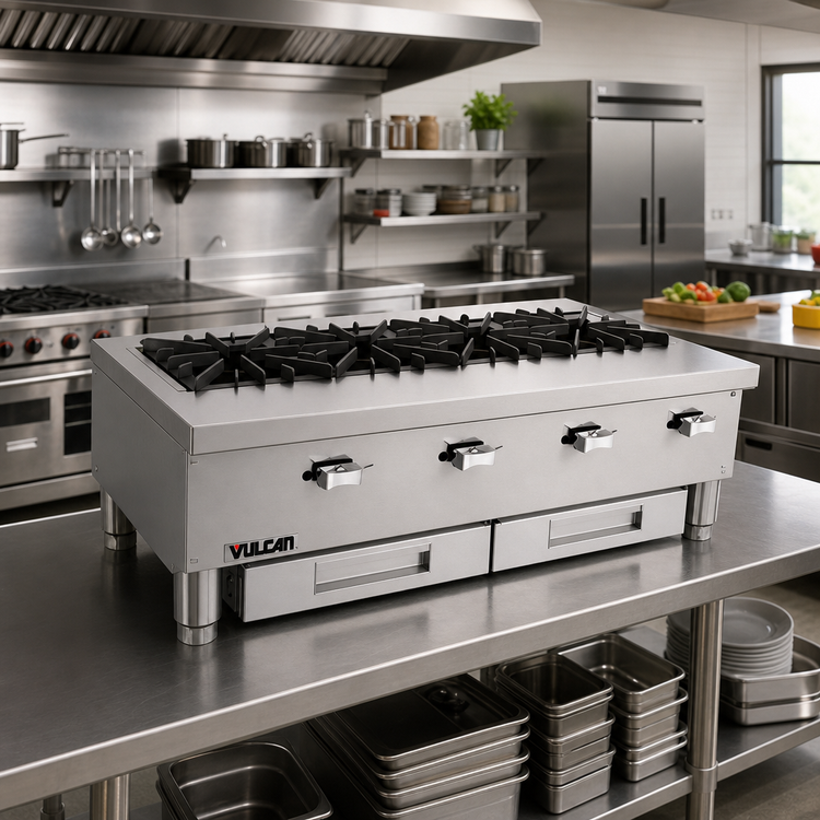 Product image #2 for Vulcan VCRR36 36-Inch Countertop Gas Specialty Hotplate with 4 Open Burners and 2 Drawers