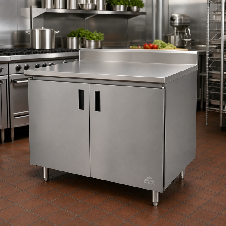 Product image #2 for Advance Tabco HK-SS-3010M Enclosed Work Table with Cabinet Base, Mid-Shelf, Hinged Doors, and 5-Inch Backsplash