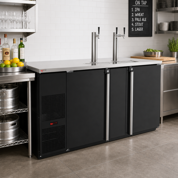 Product image #2 for Pro-Line E-Series Two-Section 3-Keg Direct Draw Draft Beer Cooler with Glass Rinser, Black, 69.5-Inch Wide