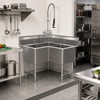 Thumbnail image #2 for Sapphire Manufacturing SMCS2020-3 Corner 3-Compartment Stainless Steel Sink, 20" x 20" x 14" Bowls, 9" Backsplash