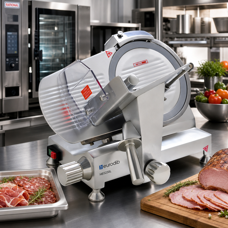 Product image #2 for Eurodib HBS250L 10-Inch Gravity Feed Belt-Drive Manual Meat Slicer with Blade Sharpener