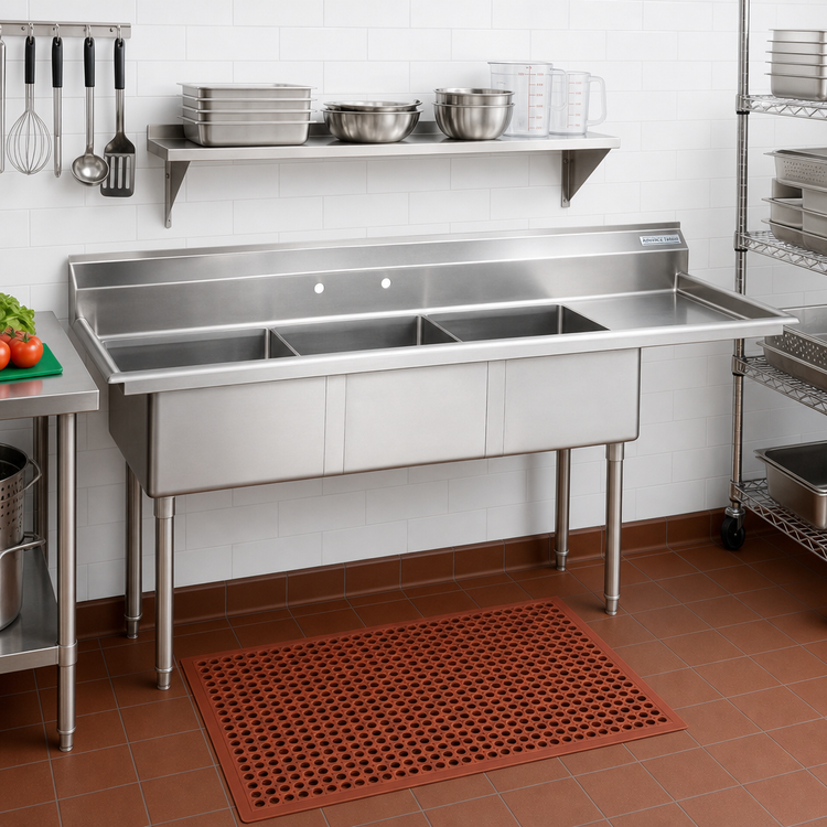 Product image #2 for Advance Tabco Special Value Series Fabricated 3-Compartment Sink with Right Drainboard, 15 Inches x 15 Inches x 12 Inches Bowls, 304 Stainless Steel