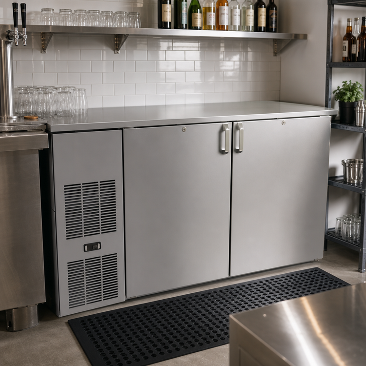 Product image #2 for Glastender Shallow Depth Front-Serviced One-Zone Bar Profile Back Bar Cooler, 60-Inch, Two-Section, Solid Swing Doors, Stainless Steel Top