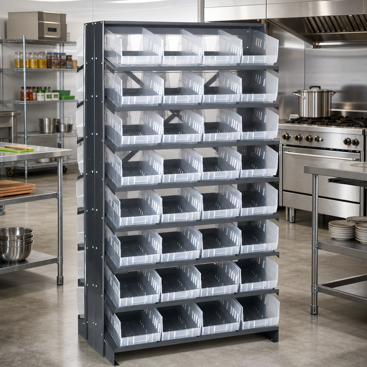 Product image #2 for Quantum Sloped Double-Sided Pick Rack with 16 Shelves and 64 Clear Bins
