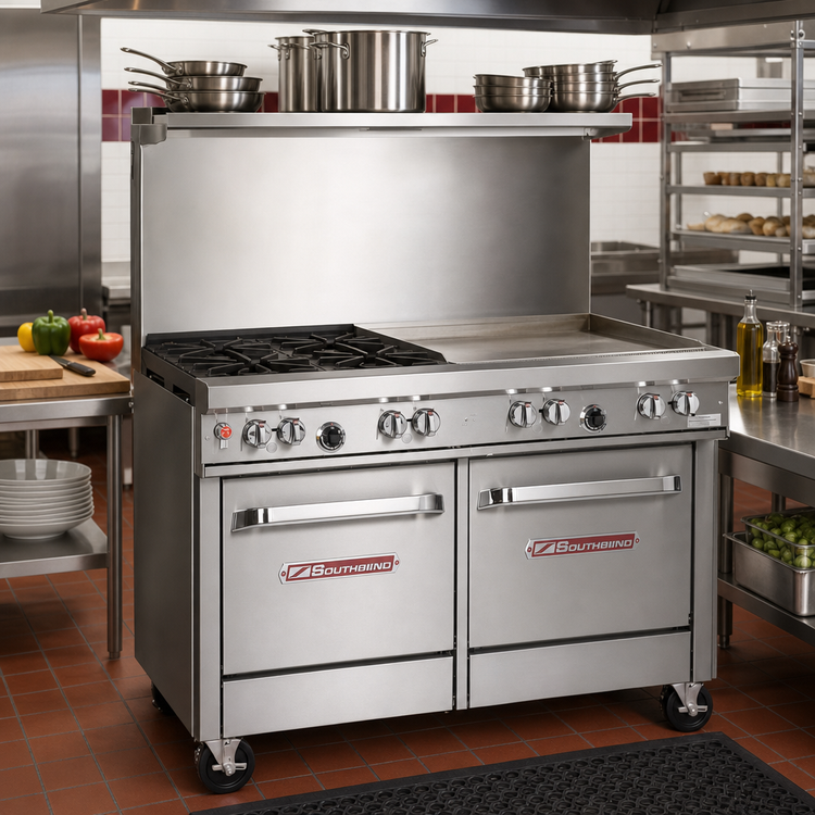 Product image #2 for Southbend Ultimate 48-Inch Gas Restaurant Range with 2 Open Burners, 36-Inch Thermostatic Griddle, Convection Oven and Cabinet Base
