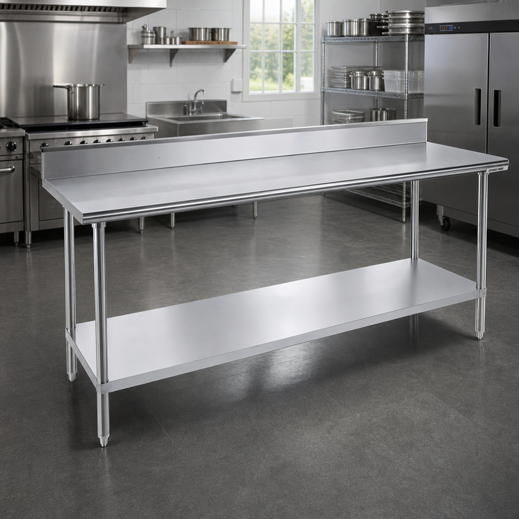 Product image #2 for Advance Tabco 108-Inch x 36-Inch 304 Stainless Steel Work Table with 5-Inch Backsplash and Rolled-Rim Front Edge