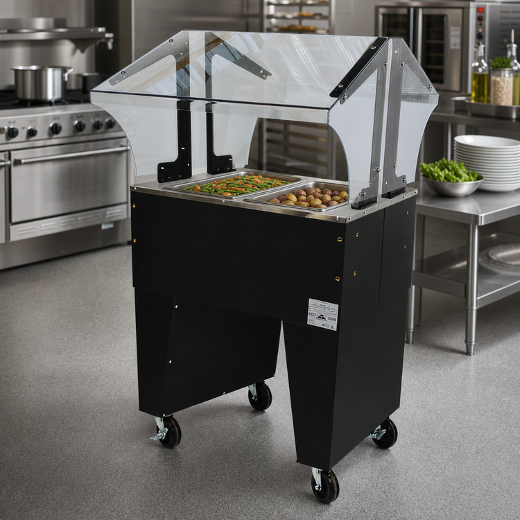 Product image #2 for Advance Tabco Triumph Supreme Portable Solid Top Buffet Table with Double-Sided Sneeze Guard, 2 Pan Size, Black Vinyl-Clad Open Base