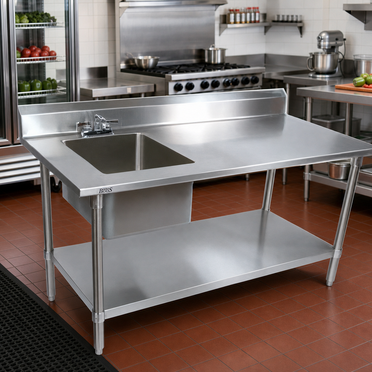 Product image #2 for John Boos 60-Inch x 30-Inch Stainless Steel Prep Table With Left Sink Bowl, 5-Inch Backsplash, and Galvanized Undershelf