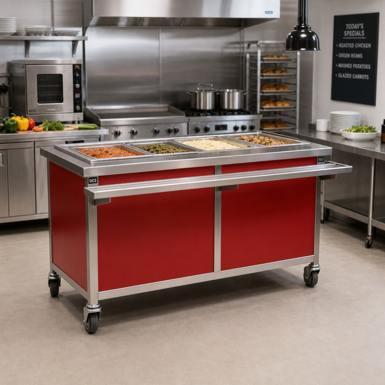 Product image #2 for Director's Choice DCS4-HFU-B-3 Mobile 4-Well Electric Hot Food Table with Red Laminate Panel
