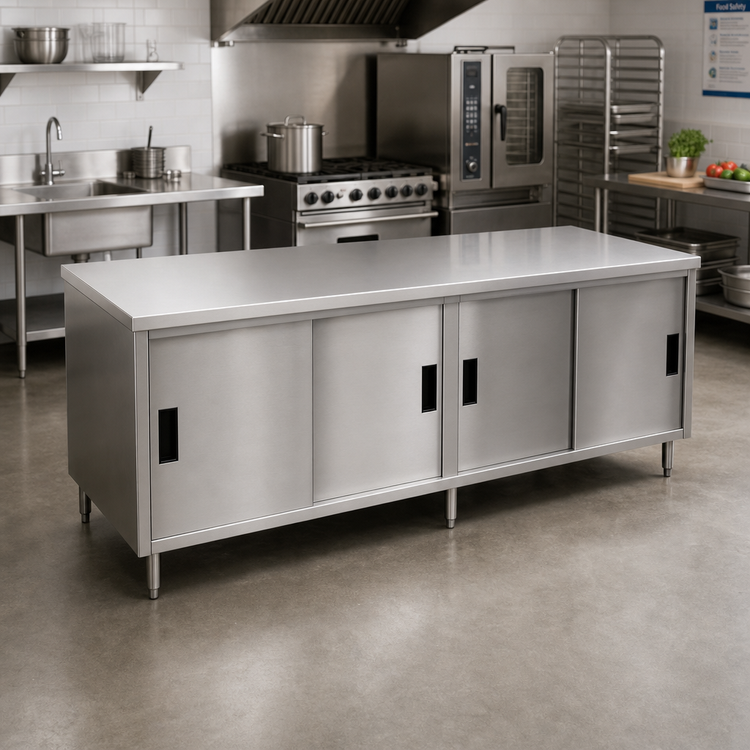 Product image #2 for BK Resources Chef Table with Cabinet Base and Sliding Doors, 120 x 30 x 34-3/4 Inches, 304 Stainless Steel Top