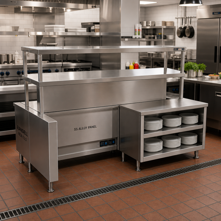 Product image #2 for Randell RCR-72.5 Right Chef-Side Modular Chef Service Counter Section with Plate Storage Cabinet and Double Overshelf, 72-1/2 Inch, Stainless Steel