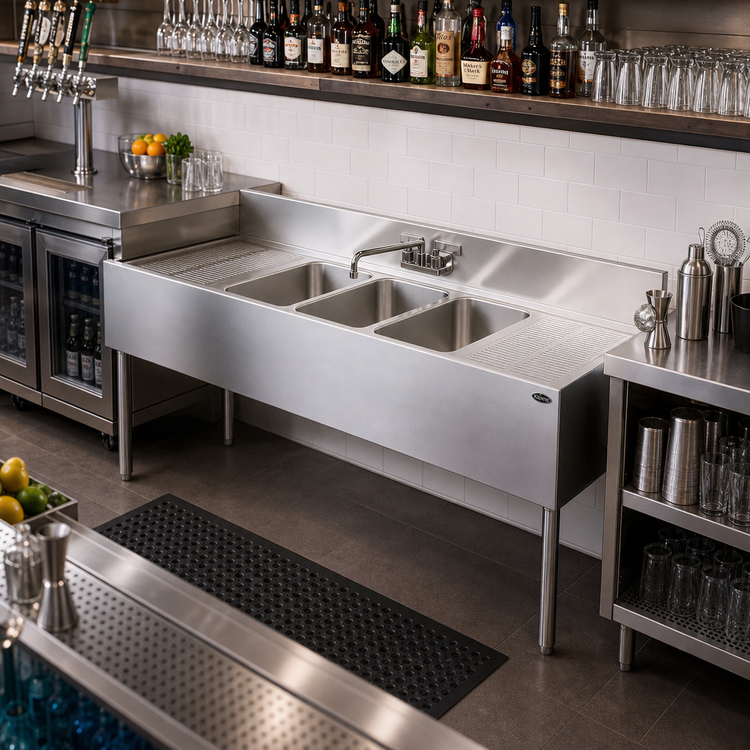 Product image #2 for Krowne Royal Series Three-Compartment Underbar Sink Unit with Dual Integral Drainboards and Swing-Spout Faucet, 72-Inch