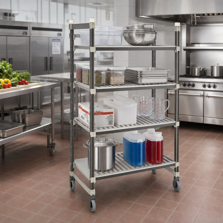 Product image #2 for Cambro Camshelving Elements XTRA 4-Tier High Density Top Rail Mobile Starter Shelving Unit, 24 x 48 x 80 Inches, 3 Vented + 1 Solid, Speckled Gray