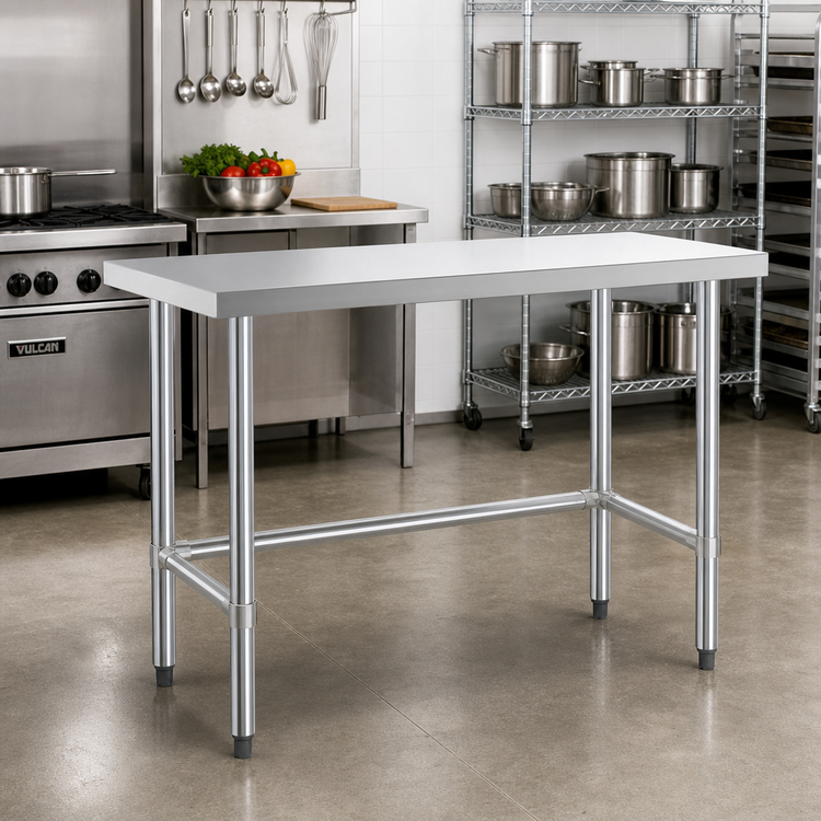 Product image #2 for Steel Works Stainless Open Base Stainless Steel Work Table, 60 Inch x 18 Inch x 34 Inch, 16 Gauge 304 Flat Top