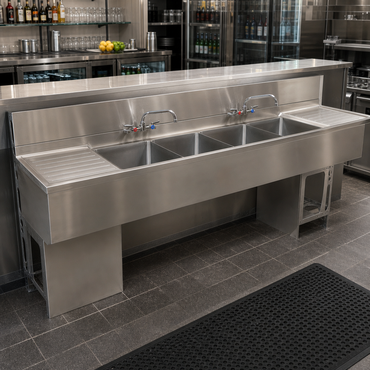 Product image #3 for BK Resources Slim-Line 4-Compartment Underbar Sink with Dual Drainboards, 96 Inch Wide