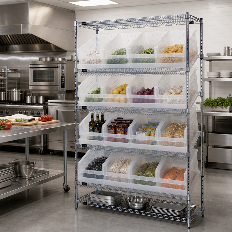 Product image #2 for Quantum Stationary Chrome-Plated Wire Shelving Bin System, 18" x 48" x 74", 6 Shelves, 16 Clear Bins