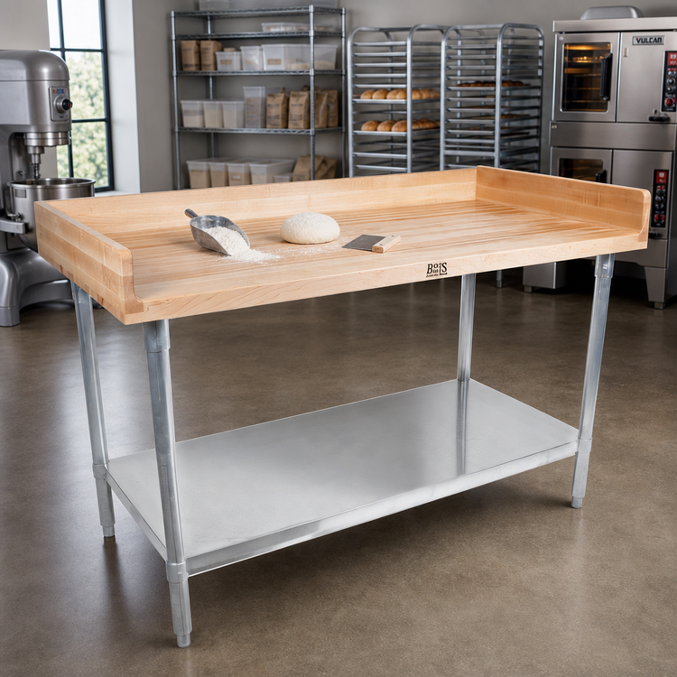 Product image #2 for John Boos DNS17 96" W x 36" D Baker's Top Wood Work Table with Galvanized Undershelf and 4" Coved Riser