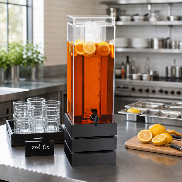 Product image #2 for Cal-Mil Midnight Bamboo 3 Gallon Square Beverage Dispenser with Ice Chamber and Crate Stand
