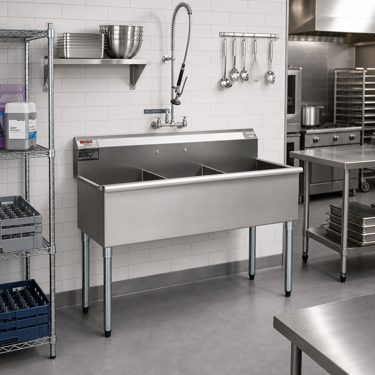 Product image #2 for Eagle Group Three-Compartment Utility Sink, 49-3/8 In W x 25 In D, 304 Stainless Steel, No Drainboards