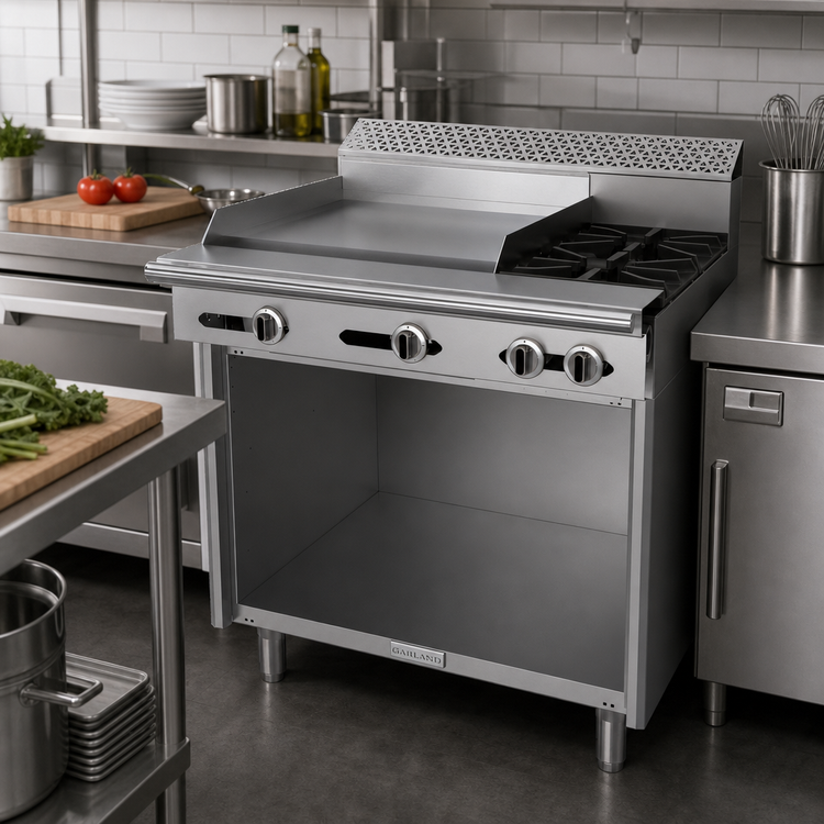 Product image #2 for Garland Cuisine Series Heavy Duty 36-Inch Natural Gas Combination Top Range with 24-Inch Left Griddle, 2 Right Open Burners, and Storage Base