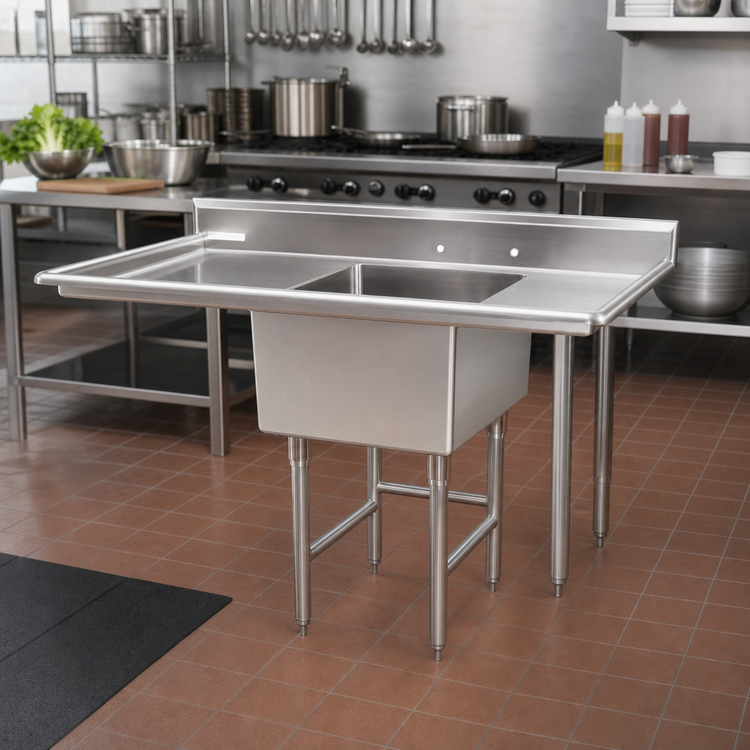 Product image #2 for Klinger's Trading Economy Single-Compartment Stainless Steel Sink with Dual Drainboards, 52 x 26 Inches