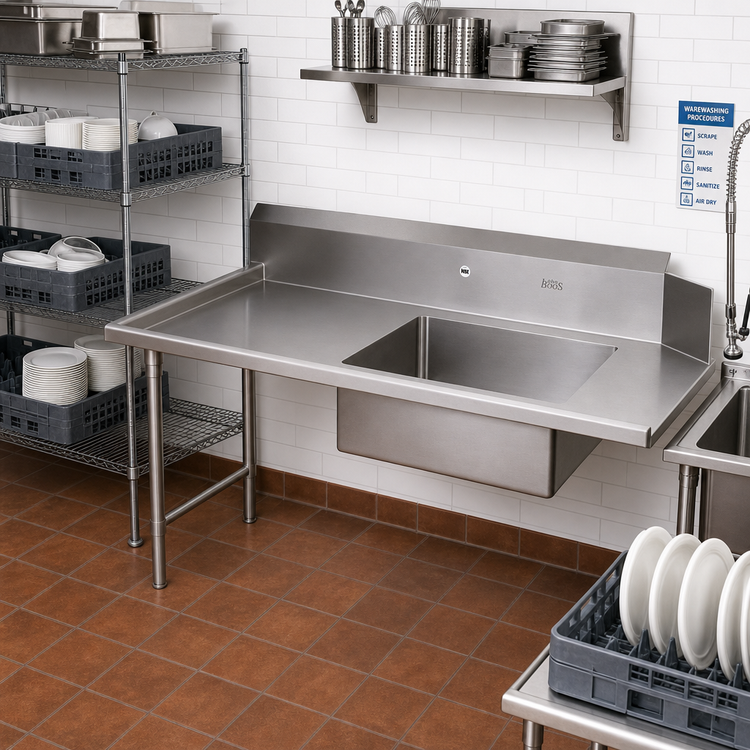 Product image #2 for John Boos Pro-Bowl Straight Soiled Dishtable, 108"W x 30"D x 44"H, Left-to-Right, 20" x 20" x 8" Bowl