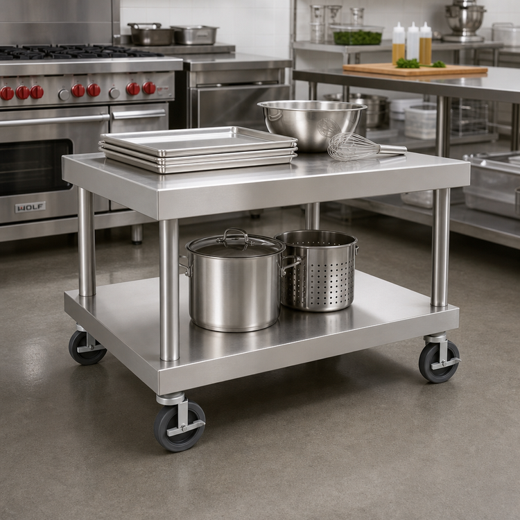 Product image #2 for Wolf 49" W x 30" D Stainless Steel Equipment Stand with Marine Edge, Undershelf, and 5" Casters
