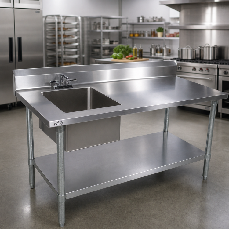 Product image #2 for John Boos 72-Inch Stainless Steel Sink Table with Left Sink Bowl, 5-Inch Backsplash, Galvanized Base, and Faucet