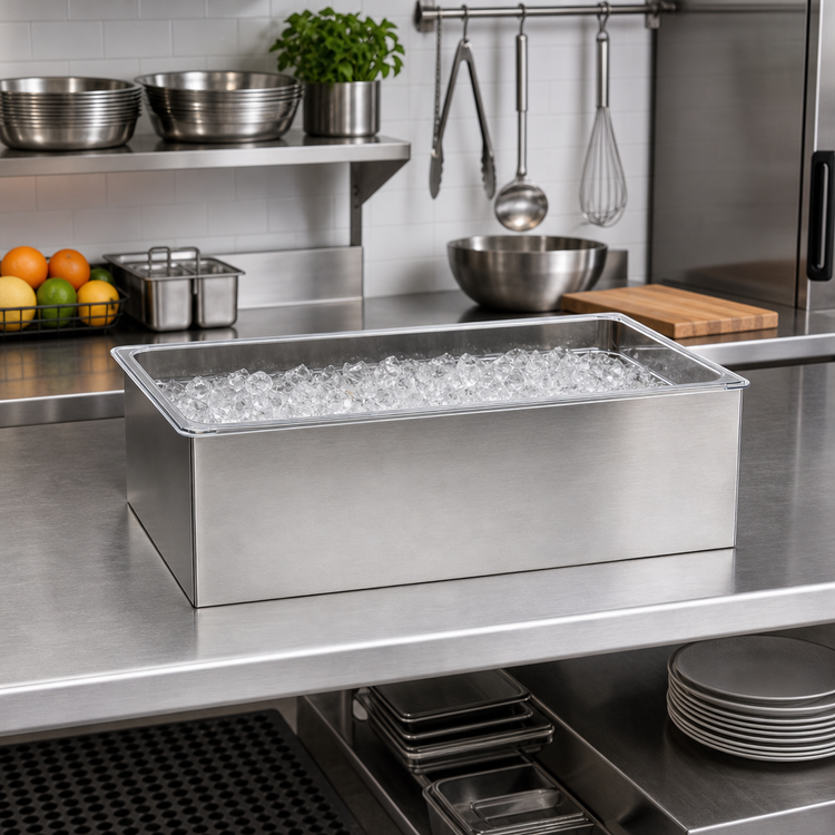Product image #3 for Cal-Mil Rectangular Stainless Steel Ice Housing with Clear Polycarbonate Pan, 20 x 12 x 6 Inches