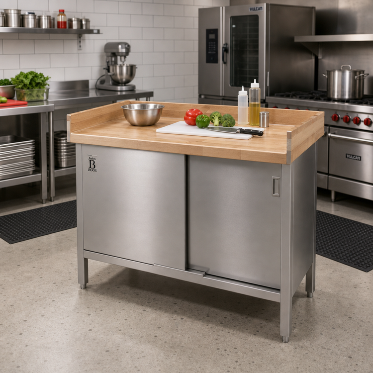 Product image #2 for John Boos Enclosed Base Wood Top Work Table with Sliding Doors, Stainless Steel Base, 36 x 24 x 40-1/2 Inches, 4-Inch Coved Riser